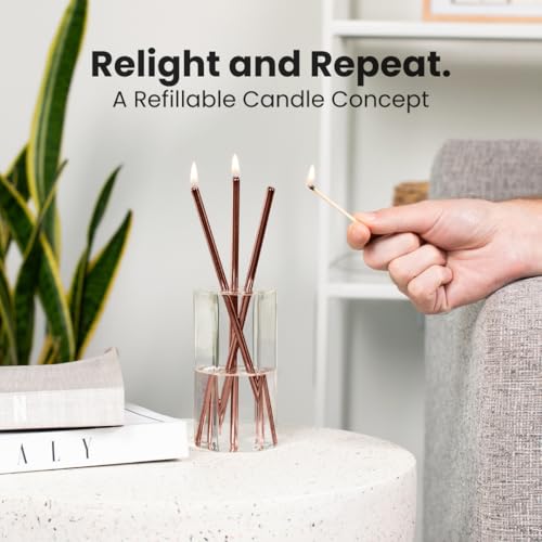 Refillable Candle Set - Unscented Paraffin Oil Candles Set with Metal Candlesticks, Glass Vase & Steel Funnel - Decorative Candles Gift Set for Home Decor, Events and Gifts - color: Rose Gold