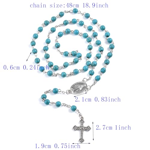 Catholic 6mm Round Natural Turquoise Bead Handmade Alloy Christian Vintage Cross Ornament Rosary Necklace