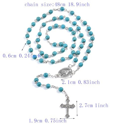 Catholic 6mm Round Natural Turquoise Bead Handmade Alloy Christian Vintage Cross Ornament Rosary Necklace