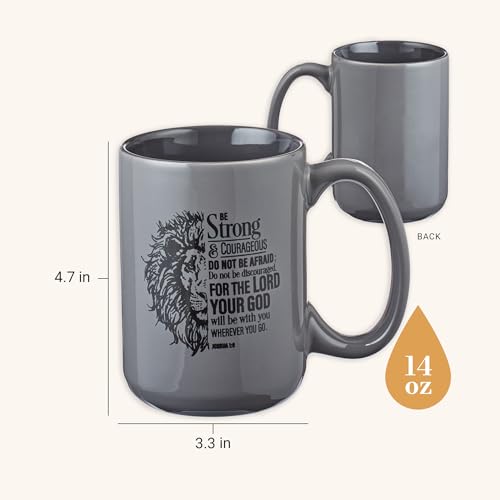 Christian Art Gifts Lion Gray Ceramic Coffee Mug – 14 oz. Microwave and Dishwasher-safe Inspirational Scripture Coffee and Tea Mug for Men and Women with Bible Verse: Strong & Courageous – Joshua 1:9 - color: Gray/Strong & Courageous