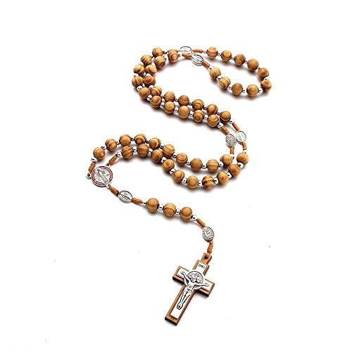 COLORFUL BLING Natural Wooden Catholic Rosaries Wood Crucifix Prayer Beads Pendant Necklace Prayer Jesus Religious Cross Rosary Necklace Handmade Jewelry - color: round silver
