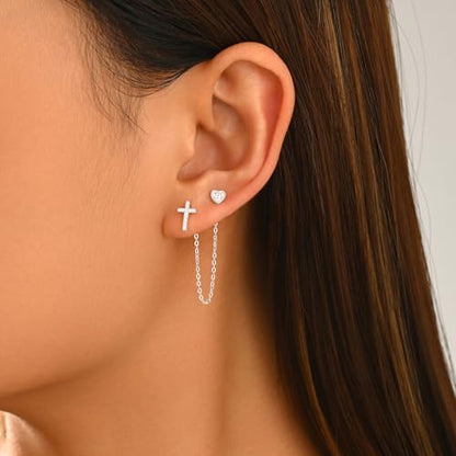 925 Sterling Silver Cross Heart Chain Stud Earring for Women - color: silvery