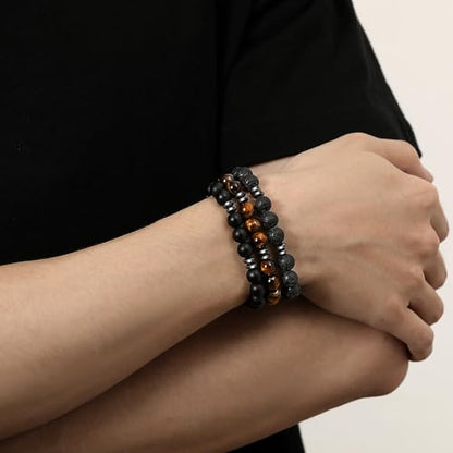 Mens Beaded Bracelets, 8MM Beaded Bracelets for Men, Natural Tiger Eye Bead Bracelet, Stretch Elastic Beads Bracelets for Men - color: 3 tiger eye black agate volcanic