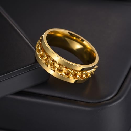Mens Fidget Rings Anxiety Ring for Men 6mm 8mm Chain Spinner Ring Size 5-14 - color: Gold Gold