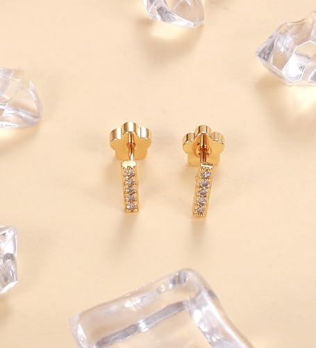 14K Gold Plated Small Stud Earrings for Girls Women Hypoallergenic Surgical Steel Cartilage Flat Back Stud Earrings CZ Cross Dot Bar Heart Handmade Screw Back Earrings Studs - color: Gold, style: Bar