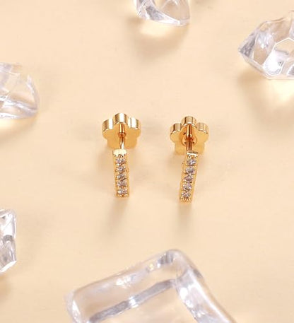 14K Gold Plated Small Stud Earrings for Girls Women Hypoallergenic Surgical Steel Cartilage Flat Back Stud Earrings CZ Cross Dot Bar Heart Handmade Screw Back Earrings Studs - color: Gold, style: Bar