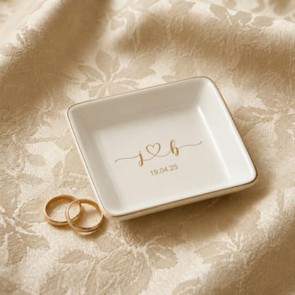 Personalized Jewelry Dish with Initials & Date, Custom Ring Dish for Engagement Rings, Bridesmaid Gifts, Bridal Shower Wedding Gift for Bride, Birthday Graduation Gift for Her Mom - color: Engagement Ring Dish
