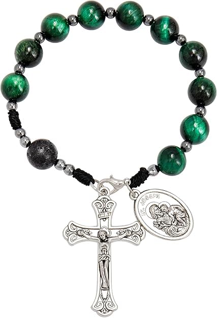 Nazareth Store Tiger Eye Beads One Decade Rosary Handmade Pocket Car Mirror with Saint Joseph Medal and Jesus Cross in Antique Silver Volcanic Stone Travel Friendly Rosary - color: Green Tiger Eye