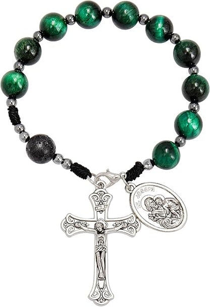 Nazareth Store Tiger Eye Beads One Decade Rosary Handmade Pocket Car Mirror with Saint Joseph Medal and Jesus Cross in Antique Silver Volcanic Stone Travel Friendly Rosary - color: Green Tiger Eye