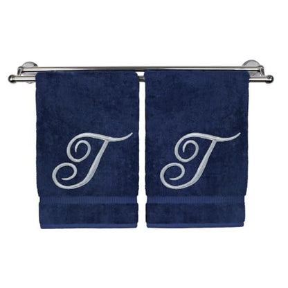 Pretty Monogrammed Navy Blue Turkish Cotton Bath Hand Towel Set of 2 with Embroidered Silver Script T | 16"x 30" Soft Terry Finish Extra Absorbent Quick Dry Luxury Bathroom Kitchen Spa Bath Towel