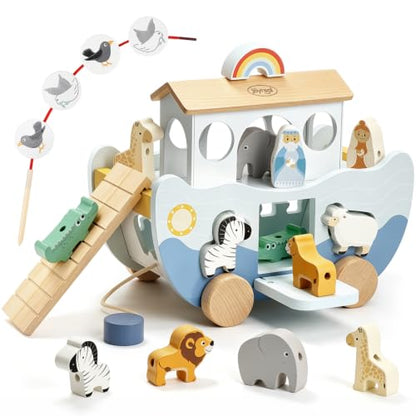Joyreal Wooden Noah's Ark Toy for 1 Year Old Baby Boy and Girl Baptism Gift - color: Neutral