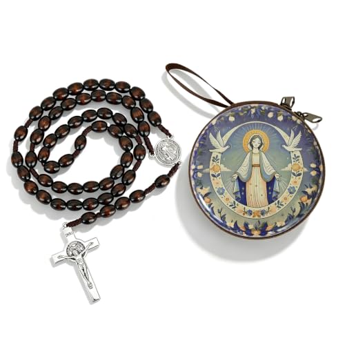 Wooden Catholic Rosary Beads, Rosarios Catolicos with Decorative Prayer Box - color: Brown (9)