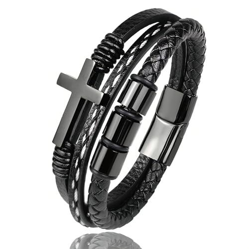 Multi-Layer Braided Leather Bracelets Mens Cross Leather Bracelet Wristband Religious Leather Bracelets Men Customized Gifts - color: black, size: 9