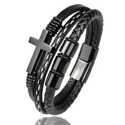 Multi-Layer Braided Leather Bracelets Mens Cross Leather Bracelet Wristband Religious Leather Bracelets Men Customized Gifts - color: black, size: 9