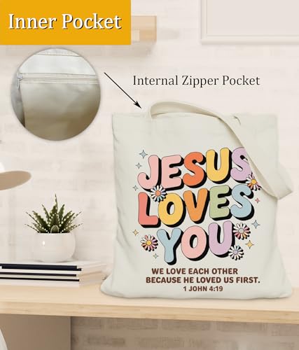 Aesthetic Christian Gifts Tote Bag for Church, Religious Tote Bag for Bible Study, Medium Size with Inner Pocket - color: Jesus