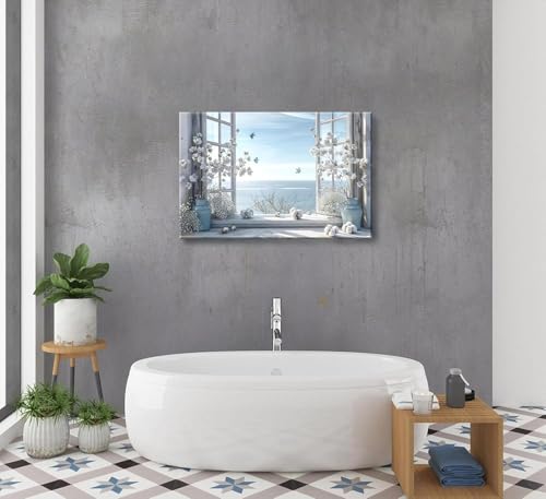 DAXINGJ Blue Coastal Butterfly Window Wall Art, Farmhouse Beach Framed - color: blue window, size: 16"L x 12"W
