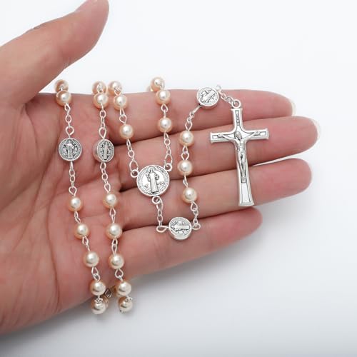 KOMI 6mm Glass Pearl Rosary Beads Catholic for Women with Metal Rosary Box Religious Gifts - style: St Benedict-pink