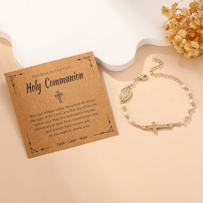 Catholic Bracelets Gifts for Women Girls, Simulated Pearl Rosary Beads Virgin Mary Cross Charm Bracelet Confirmation First Communion Baptism Religious Christian Jewelry Gift - color: First Holy Communion Gold