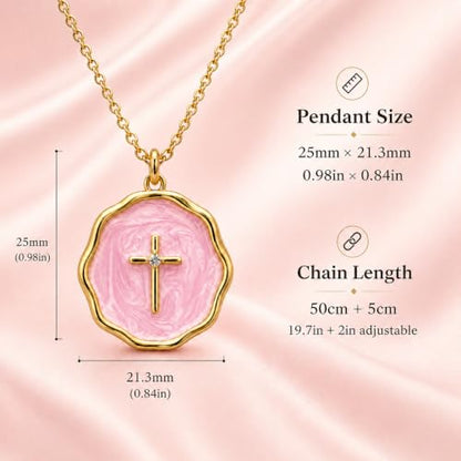 Enamel Cross Necklace for Women 18K Gold Plated Christian Pendant - color: Pink