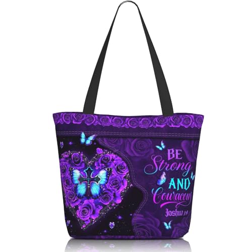 Christian Gifts Reusable Shopping Tote Bag Zippered Inspirational Tote Bags for Women Bible Verse Shoulder Bag - color: Be Strong
