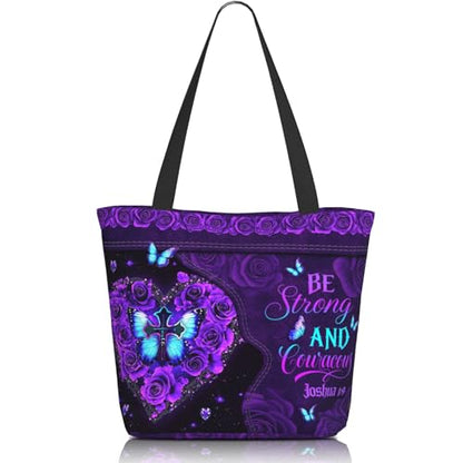 Christian Gifts Reusable Shopping Tote Bag Zippered Inspirational Tote Bags for Women Bible Verse Shoulder Bag - color: Be Strong