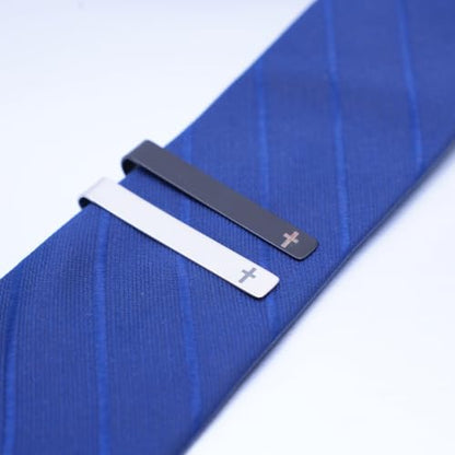 Novelty Cross Tie Clips for Men Unique Black Silver Religious Tie Clip Suitable for Regular Ties Classic Business Wedding Brass Tie Bar Jewelry with Box - color: Black Silver Cross 01