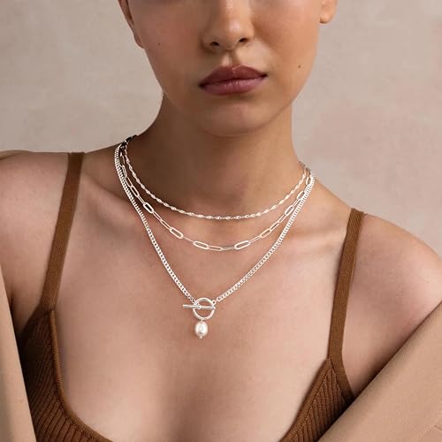 Poxtex Layered Gold Necklaces for Women, Stackable Dainty 14K Gold Silver Plated Trendy Simple Heart Diamond Cross Bow Circle Pendant Paperclip Choker Dot Chain Necklace,Jewelry Set Gifts for Women - color: Silver, style: Pearl1