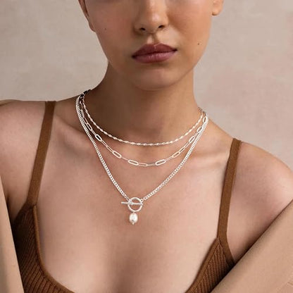 Poxtex Layered Gold Necklaces for Women, Stackable Dainty 14K Gold Silver Plated Trendy Simple Heart Diamond Cross Bow Circle Pendant Paperclip Choker Dot Chain Necklace,Jewelry Set Gifts for Women - color: Silver, style: Pearl1