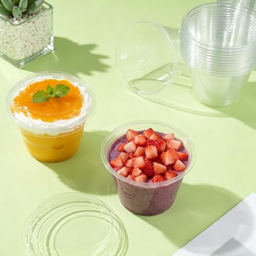 100 Pack 6 Oz Clear Stackable Disposable Plastic Cups with Flat Lids, 180ml PET Ice Cream Cups with Lids Dessert Containers for Party Cold Drinks Pudding Jello Fruits Juice Milkshake Tiramisu Cake