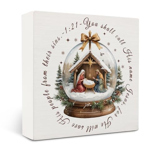 Christian Christmas Nativity Wooden Box Sign Desk Decor, Jesus Birth Christmas Decor, Religious Xmas Wood Block Sign for Home Bedroom Office Desk Table Shelf Wall Decorations, 5x5 Inch - color: Christian-02