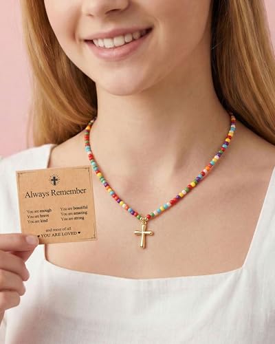 PINKDODO Colorful Bead Cross Necklace for Girls Christian Gifts with Crad