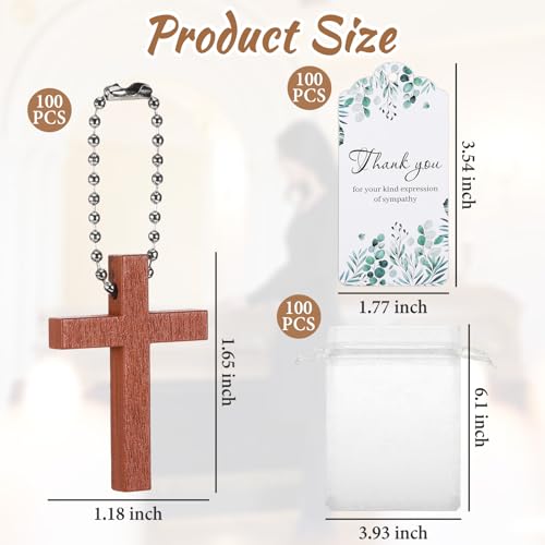 100 Sets Funeral Favors, Wooden Cross Keychain with Thank You Cards & Organza Bags – Memorial Guest Sympathy Gifts, Celebration of Life Keepsakes for Adults - style: Card 2