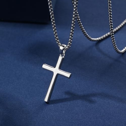 Small Dainty Cross Pendant Necklace 925 Sterling Silver for Women with 18", 20" Sturdy Chain 14K White Gold Plated - size: 20" Chain, style: Columnar