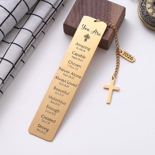 2026 Religious Bible Verses Bookmark with Cross Charm, Faith-Based Gift for Readers, Stainless Steel Christian Affirmation Book Mark, Bible Confirmation Accessories for Him Her, Gold - style: Gold
