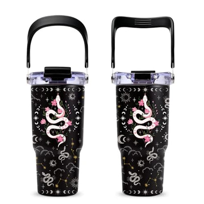 Black Gothic Pink Snake Tumbler with Top Handle and Flip Straw Lid 20oz Black Celestial Stainless Steel Insulated Travel Cups - Witchy Gifts for Women Christmas Birthday Goth Aesthetic Coffee Mugs - color: Snake01