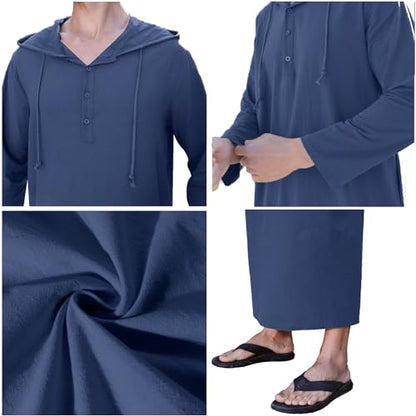 YAOHUOLE Long Sleeve Kaftan Thobe Button down Men Thobe with Pocket Big and Tall Kaftan Muslim Men Thobe - color: 02 Dark Blue, size: Medium