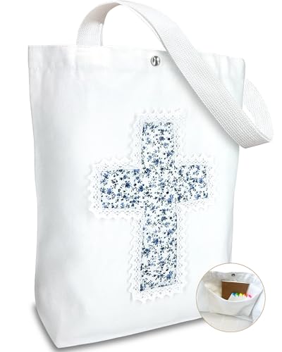 Christian Tote Bag Gift for Women, Canvas Bible Bag Handmade Floral Cross - color: White-blue Sprig