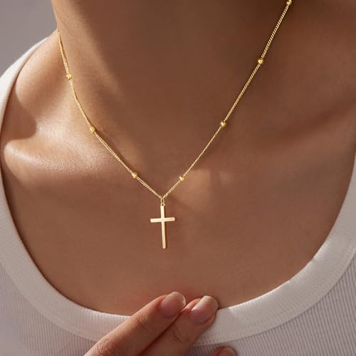 Poxtex Cross Necklace for Women Teen Girls, Dainty 14K Gold Silver Plated Cross Choker Jewelry Non Tarnish Waterproof Cute Simple Small Necklace Christian Baptism Religious Faith Jewelry Gifts - color: 04 Satellite Cross Necklace