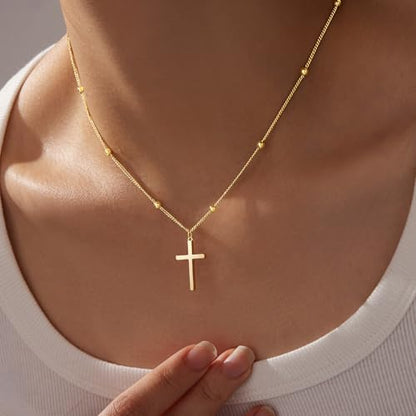 Poxtex Cross Necklace for Women Teen Girls, Dainty 14K Gold Silver Plated Cross Choker Jewelry Non Tarnish Waterproof Cute Simple Small Necklace Christian Baptism Religious Faith Jewelry Gifts - color: 04 Satellite Cross Necklace