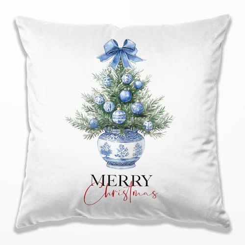 Chinoiserie Christmas Tree Pillow Covers 18x18, Grandmillennial Christmas Decor, Preppy Coquette Blue and White Xmas Tree Throw Pillow Covers for Home Living Room Bedroom Sofa Couch - color: 16 Color