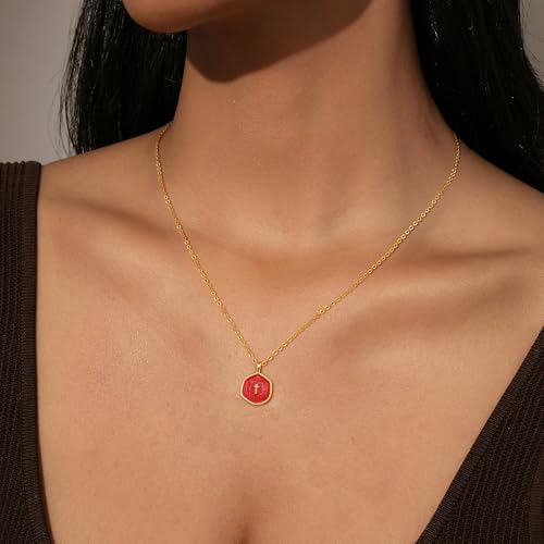 Robaice Cross Necklace for Women, Dainty 14K Gold Plated Cross Necklace - style: disc cross red