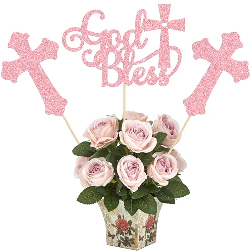 Gyufise 12Pcs God Bless and Cross Centerpiece Sticks Double Sided Cross God Bless Table Flower Centerpieces Sticks First Communion Baptism Decorations for God Bless Theme Party Supplies Pink - color: Pink