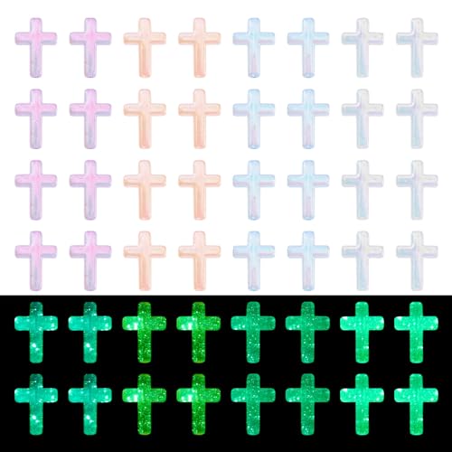 50Pcs Glow in The Dark Resin Cross Beads Random Color Kandi Pastel Crucifix Focal Beads for Pens Keychain Crafts DIY Jesus Bracelet Rosary Jewelry Making Supplies 24.5x17.5mm - color: Random Colors #3