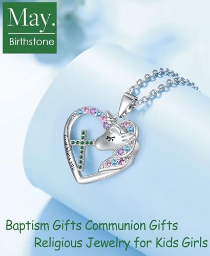 Easter Confirmation First Communion Baptism Gifts for Girls,Cross Birthstone Unicorn Necklaces for Daughter Granddaughter Niece Sister Christian Religious Gifts 16+3 Inches - color: 05.May