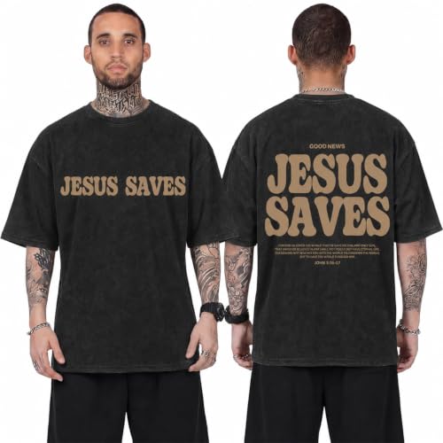 Christian Shirts for Men Jesus Oversized Vintage Workout Gym Graphic Top - color: Black-7(jesus Saves), size: X-Large
