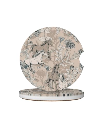 Ceramic Car Cup Coasters 2PCS - Flowers Horses - color: Flowers Horses