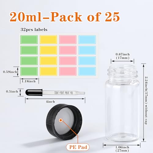 20ml 25pcs Small Clear Glass Vials with Screw Cap (with Droppers & Lables) - size: 20ml 25pcs
