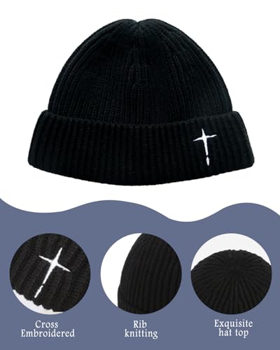 Men's Knitted Skull Cap Cross Embroidered Fisherman Beanie - color: Black