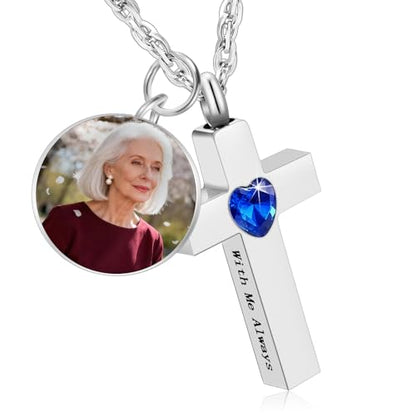 Cremation Cross Necklace for Ashes Stainless Steel Cross Urn Pendant Ashes Holder Memorial Jewelry-With Me Always - style: Blue Heart-engraving