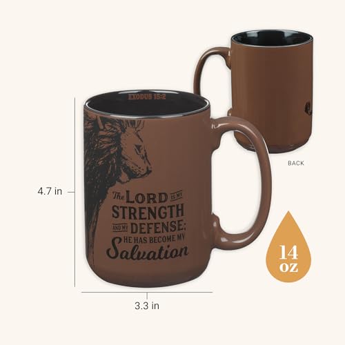 Christian Art Gifts Large Inspirational Ceramic Microwave & Dishwasher Safe Coffee & Tea Scripture Mug for Men & Women: Lord is My Strength Encouraging Bible Verse, Lion Design, Brown & Black, 14 oz. - color: Brown Lion/Lord is My Strength